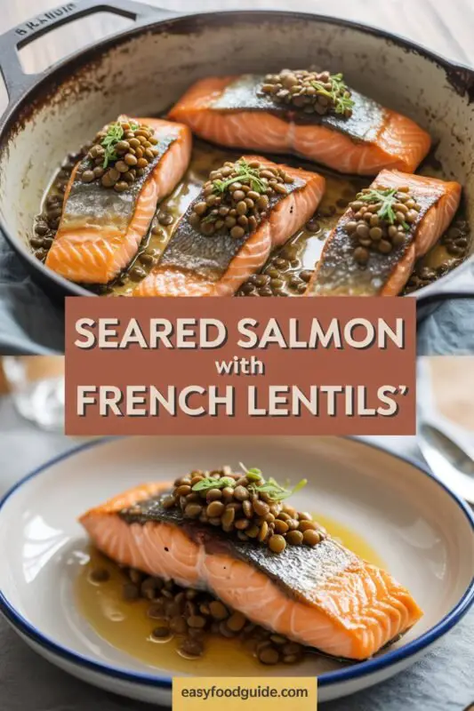 Pan seared salmon fillet on a bed of French Puy lentils with parsley garnish on a rustic table.