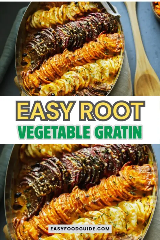 Cheesy root vegetable gratin with layers of potatoes, sweet potatoes, parsnips, and carrots, topped with a golden crust, in a rustic baking dish.
