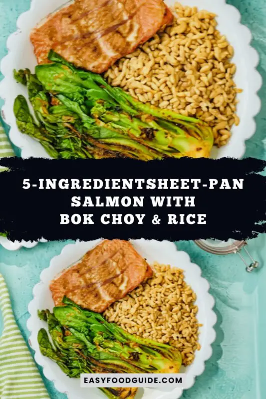 salmon-bokchoy-rice-3 Sheet pan meal with salmon fillets, bok choy, and rice, garnished with teriyaki sauce.