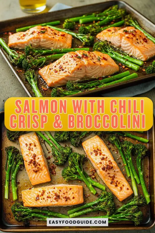 Sheet pan with roasted salmon fillets and broccolini, topped with chili crisp and peanut sauce.