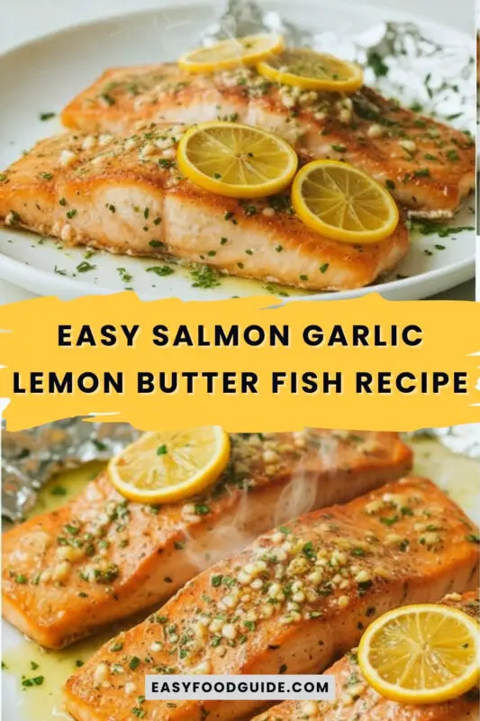 Baked salmon fillet with lemon garlic butter sauce, garnished with parsley on a rustic table.