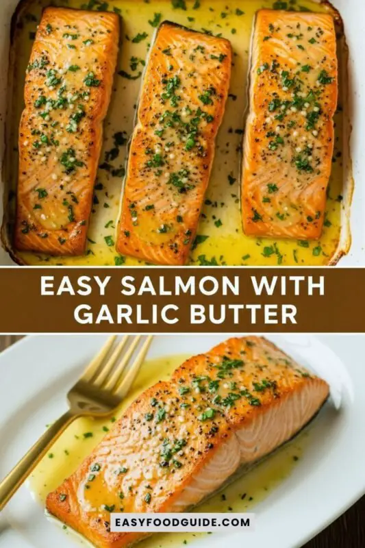 salmon-garlic-butter-1 Garlic butter salmon fillet garnished with parsley and lemon, served with vegetables on a rustic table.