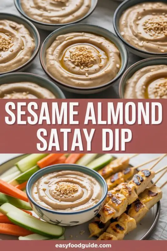 A bowl of creamy Sesame Almond Satay Dip with vegetable sticks and chicken satay skewers, garnished with sesame seeds.