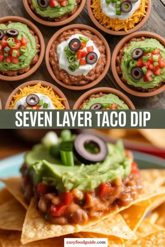 Seven layer taco dip in a glass dish with colorful layers and tortilla chips on the side.