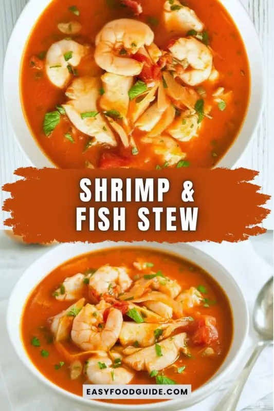 shrimp-fish-stew-1 A bowl of Mediterranean shrimp and fish stew with cod and shrimp in tomato broth, garnished with parsley, served with crusty bread.