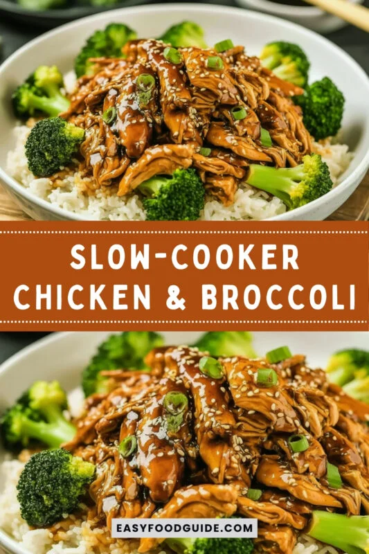 slow-cook-chicken-broccoli-1 A delicious bowl of Slow-Cooker Chicken & Broccoli with garlic-ginger sauce served over rice, garnished with sesame seeds and green onions.