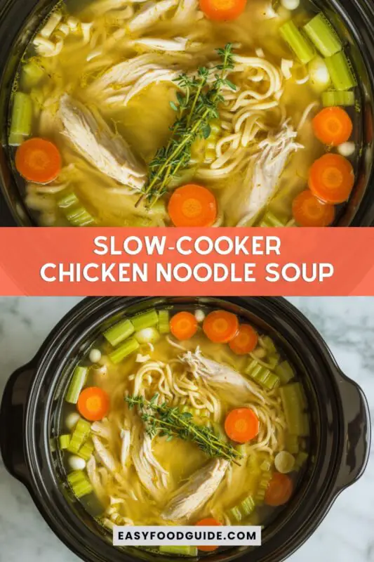 slow-cooker-chicken-noodle-soup-1 A bowl of chicken noodle soup with chicken, carrots, and noodles, garnished with parsley, on a rustic table with bread.
