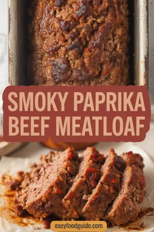Sliced Smoky Paprika Beef Meatloaf on a cutting board with barbecue sauce and parsley garnish.