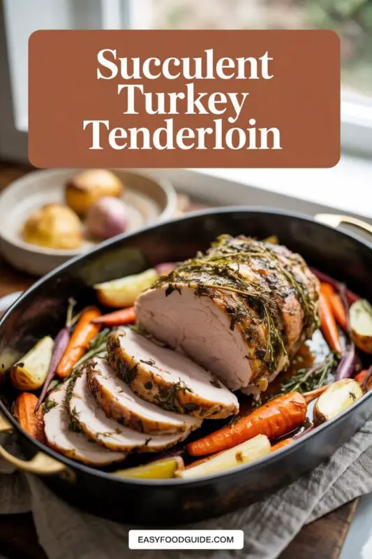 Sliced garlic herb roasted turkey tenderloin on a plate with roasted vegetables and salad.