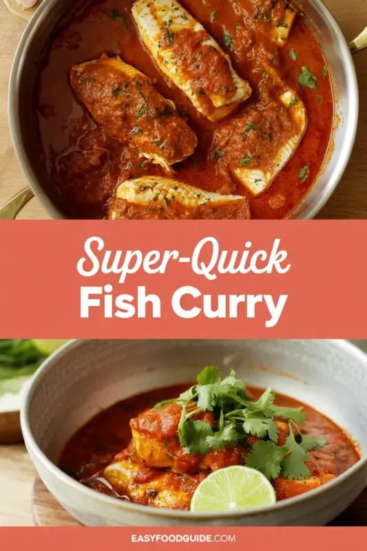 A bowl of Indian fish curry with white fish in tomato sauce, garnished with cilantro, served with rice.
