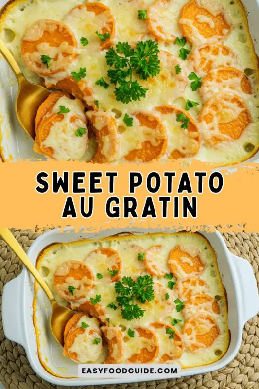 Golden-brown sweet potato au gratin in a vintage baking dish, garnished with thyme, on a rustic wooden table.