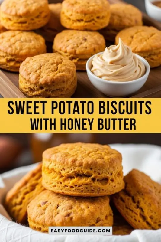 Freshly baked sweet potato biscuits on a wooden tray with honey butter in a bowl.