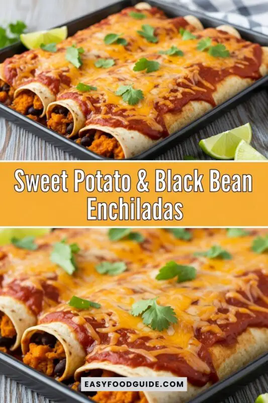 Golden and bubbly Sweet Potato & Black Bean Enchiladas topped with enchilada sauce and cheddar cheese, garnished with cilantro on a rustic table.