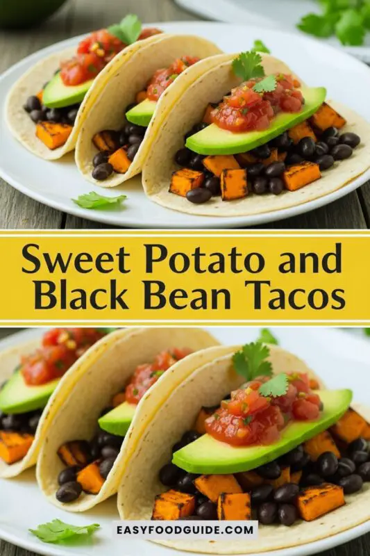 A colorful plate of sweet potato and black bean tacos topped with avocado and salsa on a rustic wooden table.