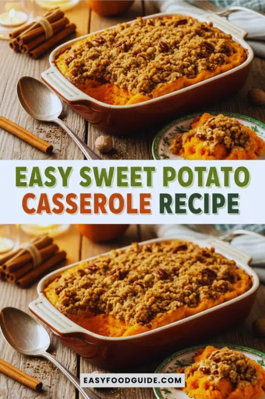 A delicious Southern Sweet Potato Casserole with a pecan topping, served in a rustic dish on a festive table.