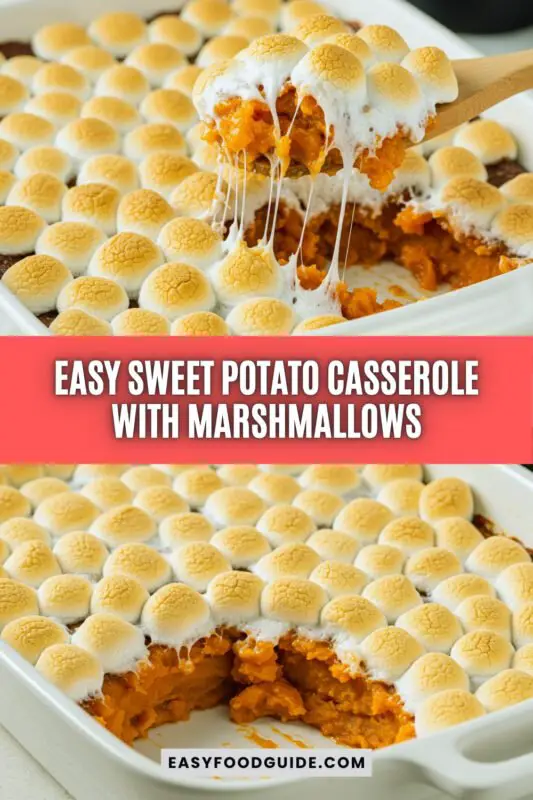 Sweet potato casserole with marshmallows, golden brown topping in a rustic dish, perfect for holiday gatherings.