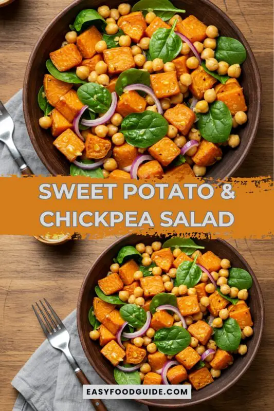 Vegan Sweet Potato & Chickpea Salad in a rustic bowl with sweet potatoes, chickpeas, red onion, and spinach, drizzled with lemon-olive oil dressing.