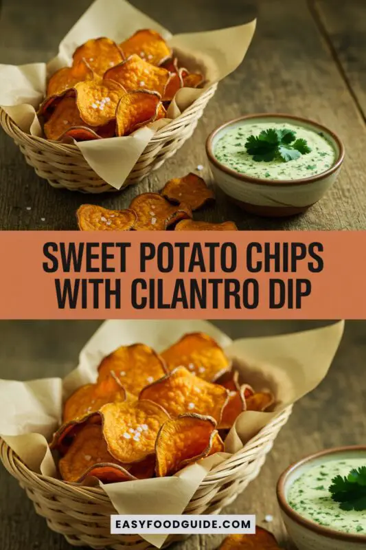 Golden baked sweet potato chips with sea salt next to a bowl of creamy cilantro dip on a rustic table.