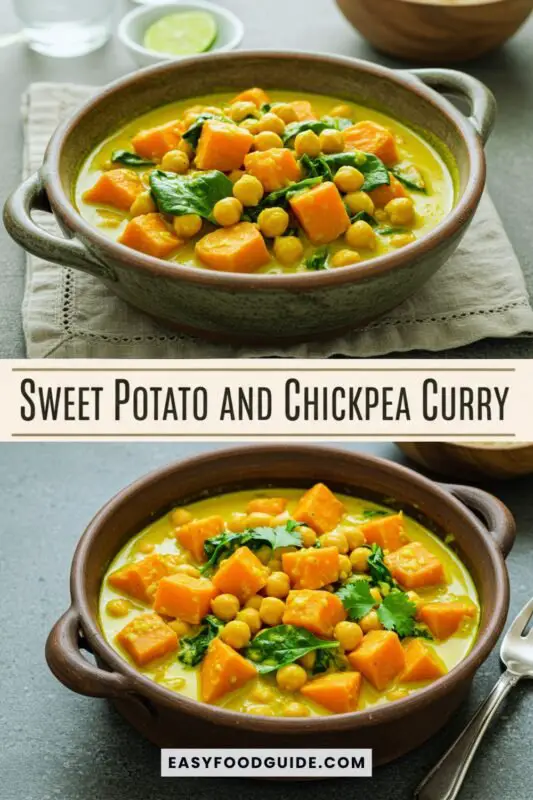 sweet-potato-curry-5 Creamy sweet potato and chickpea curry in a rustic dish, showcasing vibrant colors and textures.