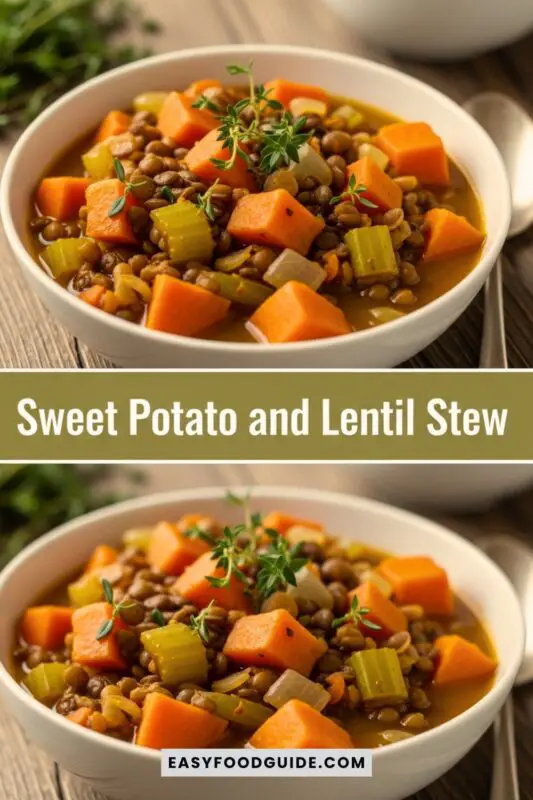 A hearty bowl of sweet potato and lentil stew with vibrant vegetables in a rich broth, on a rustic table.