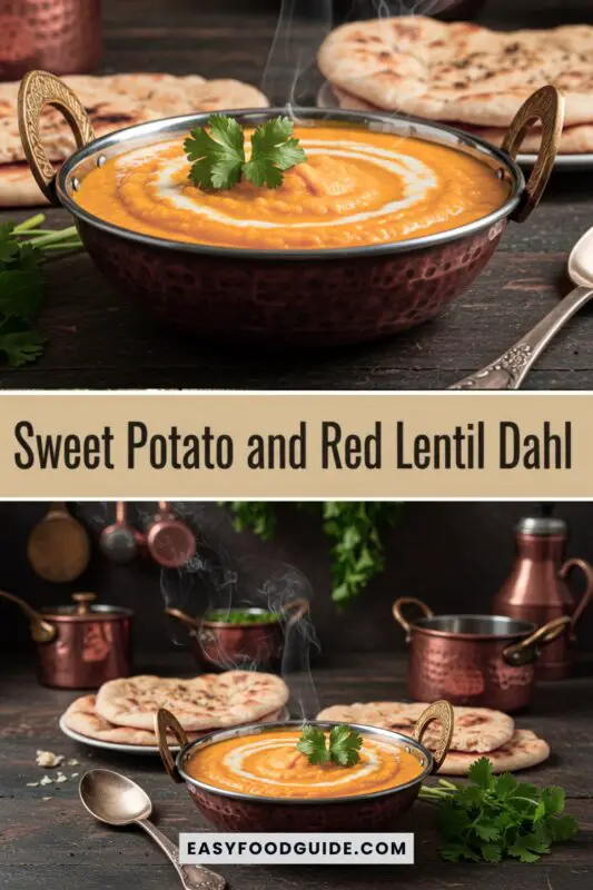 A bowl of creamy sweet potato and red lentil dahl with cilantro and coconut cream on a rustic table with spices and naan.