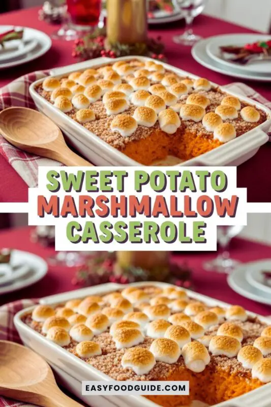 Sweet potato casserole topped with toasted marshmallows and cinnamon-sugar crust in a baking dish.