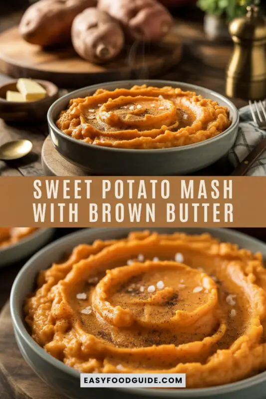 A bowl of creamy mashed sweet potatoes with browned butter, sea salt, and black pepper, set in a rustic kitchen with boiled sweet potatoes and butter in the background.