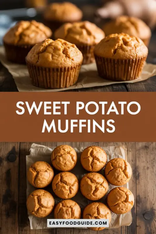 Freshly baked sweet potato muffins on a wooden counter, one muffin cut open to show the moist interior.