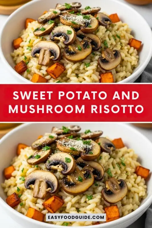 Creamy sweet potato and mushroom risotto in a rustic bowl, garnished with Parmesan, on a wooden table.