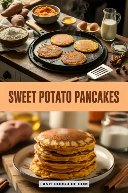 Golden sweet potato pancakes sizzling on a griddle with fresh ingredients around.