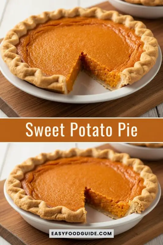 A freshly baked Southern sweet potato pie on a rustic table, surrounded by ingredients like sweet potatoes, eggs, butter, and spices.