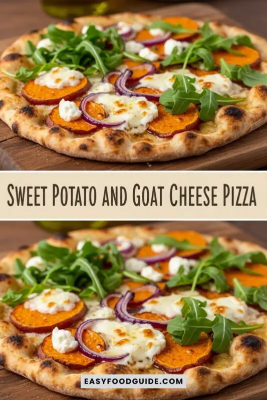 Gourmet Sweet Potato and Goat Cheese Pizza with roasted sweet potatoes, goat cheese, caramelized onions, and arugula on a rustic wooden board.