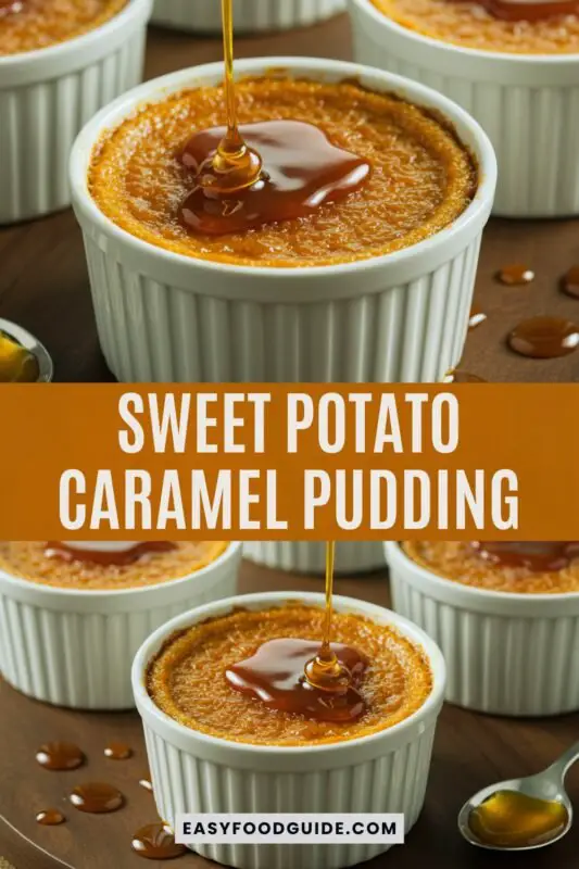 Silky sweet potato caramel pudding in ramekins, topped with caramel sauce, on a rustic table.