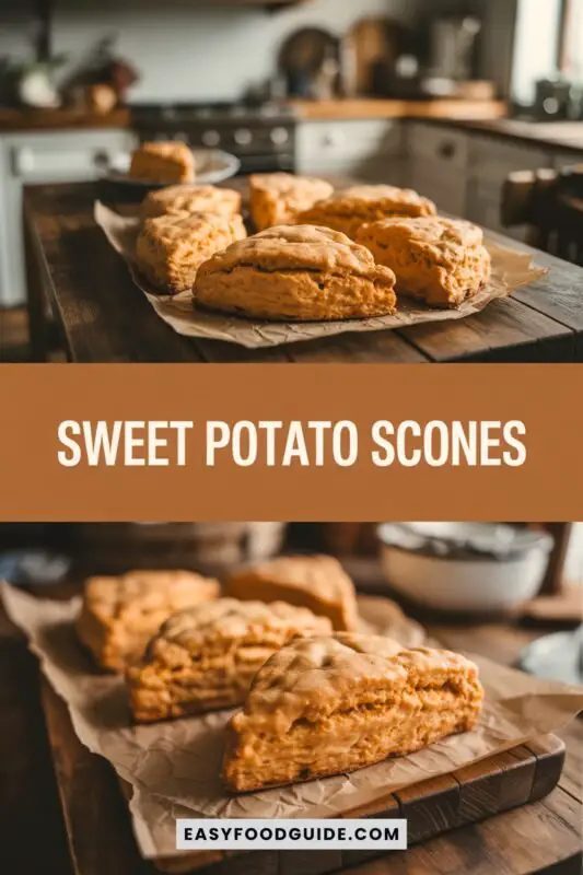 Golden brown sweet potato scones on a rustic wooden table, showcasing their fluffy interior and crisp edges.