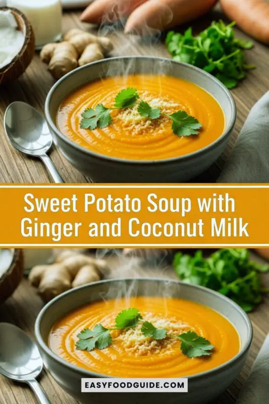 Creamy sweet potato soup with ginger and coconut milk, garnished with herbs, on a rustic wooden table.
