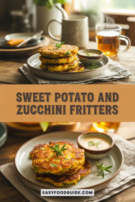 Crispy sweet potato and zucchini fritters on a rustic plate with herbs and dipping sauce, set on a wooden table.