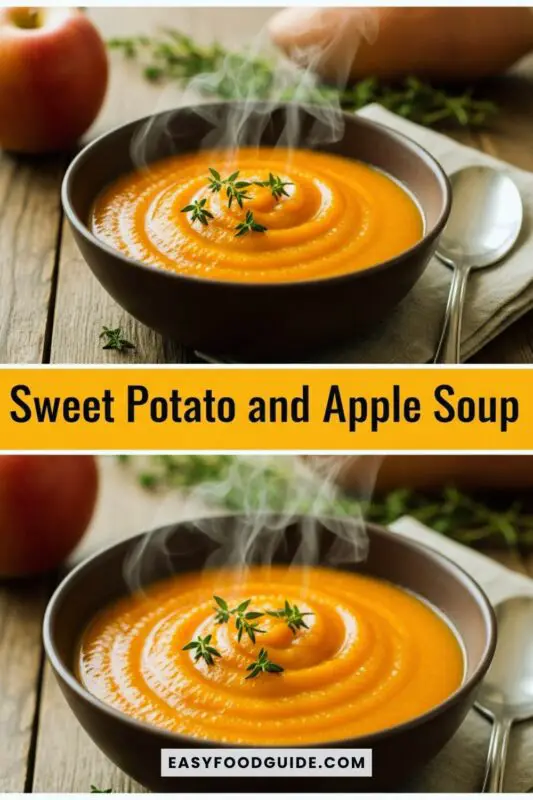 A cozy bowl of sweet potato and apple soup garnished with thyme, on a rustic table with natural lighting.