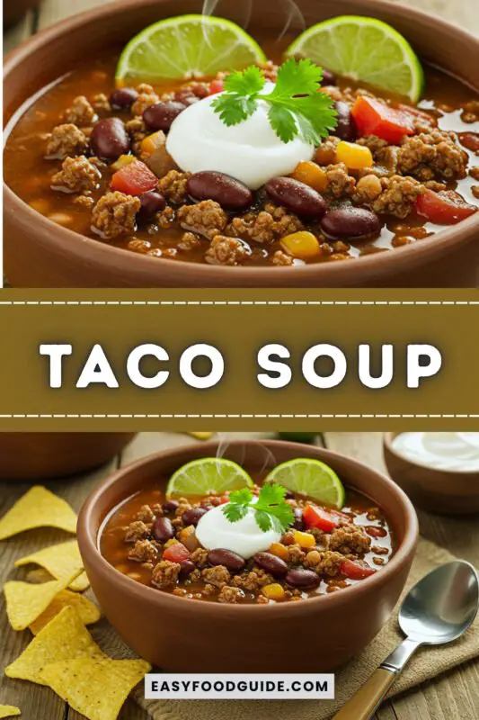taco-soup-1 A bowl of taco soup with ground beef, beans, tomatoes, garnished with cilantro and lime, on a wooden table with tortilla chips.