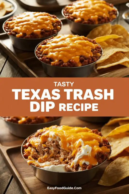 Cheesy Texas Trash Dip in a baking dish with tortilla chips on the side.