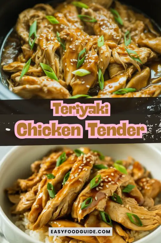 teriyaki-chicken-tender-1 Slow-cooked Teriyaki Chicken served over rice with broccoli, garnished with green onions and sesame seeds.