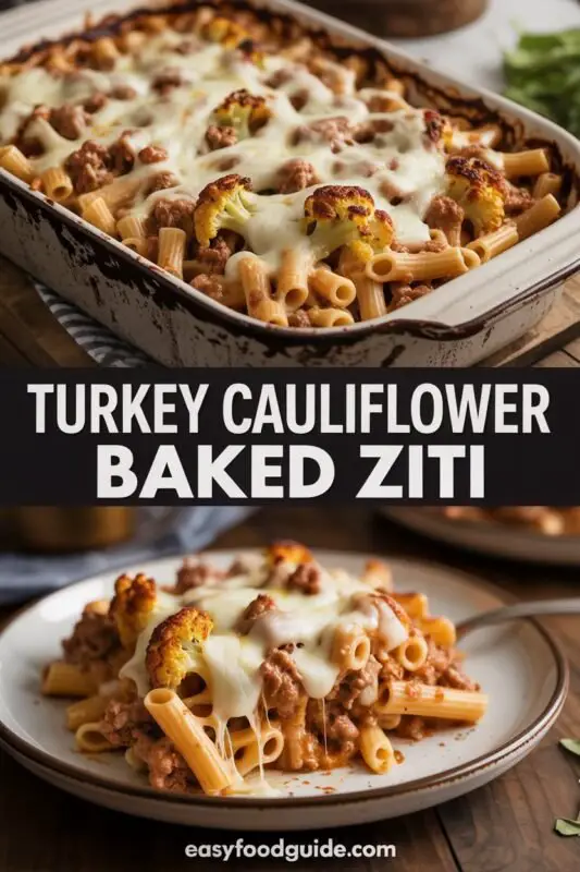 A hearty serving of Turkey Cauliflower Baked Ziti with ground turkey, cauliflower, and melted cheese, garnished with basil on a wooden table.