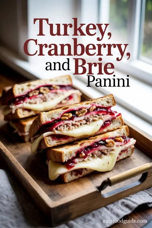 A Turkey Cranberry Brie Panini cut in half, showcasing melted brie and turkey, served with chips and cranberry sauce.
