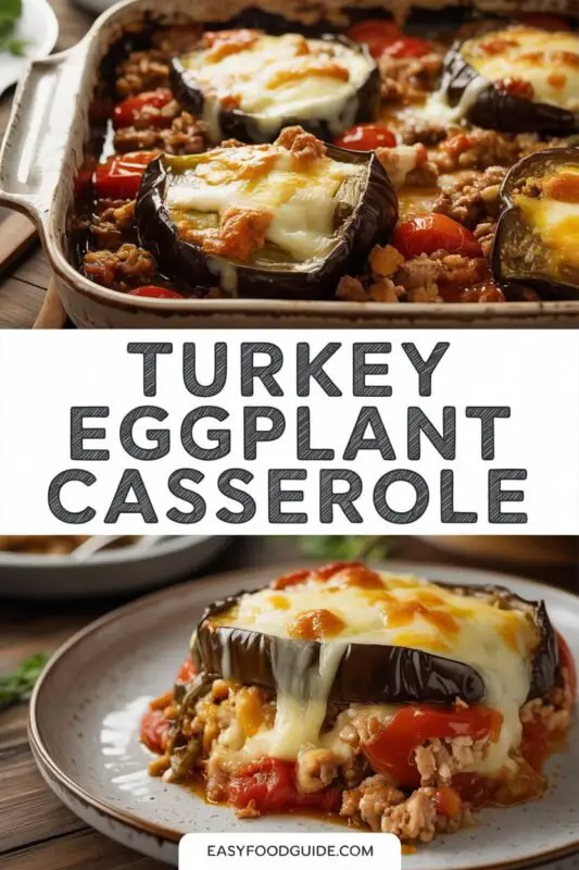 A hearty turkey eggplant casserole with melted mozzarella, ground turkey, eggplant, and tomatoes, garnished with basil, served in a rustic dish.