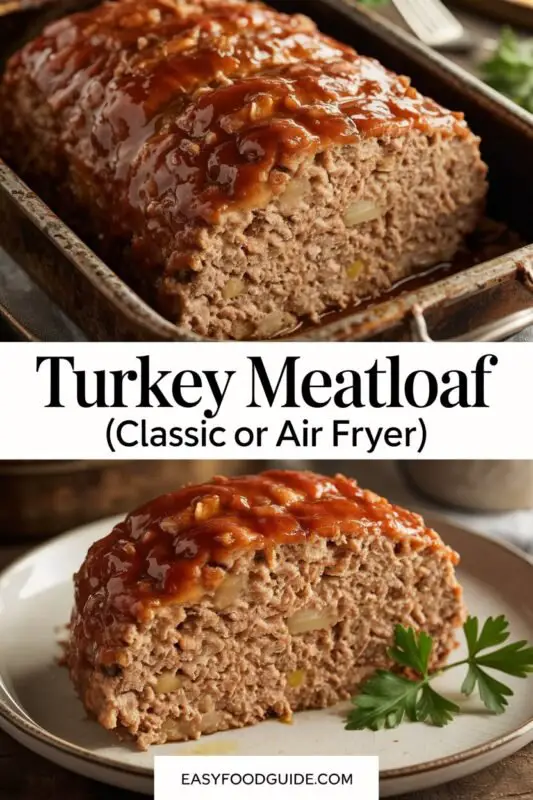 Juicy turkey meatloaf sliced on a cutting board, served with mashed potatoes and green beans.
