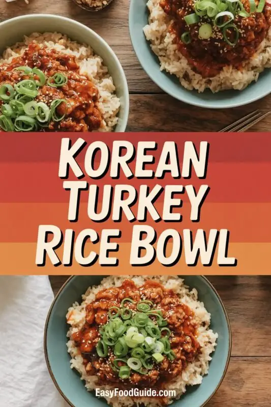 A Korean Turkey Rice Bowl with ground turkey, jasmine rice, scallions, and sesame seeds, served in a rustic bowl.
