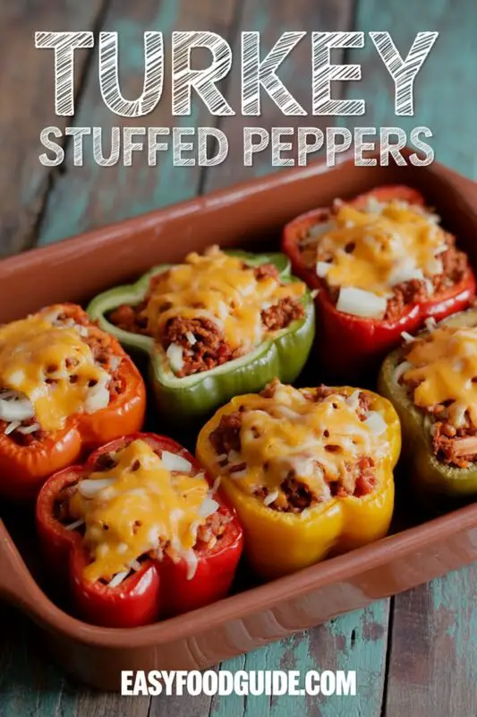 Healthy turkey stuffed peppers filled with ground turkey and rice, topped with melted cheese, on a rustic plate.