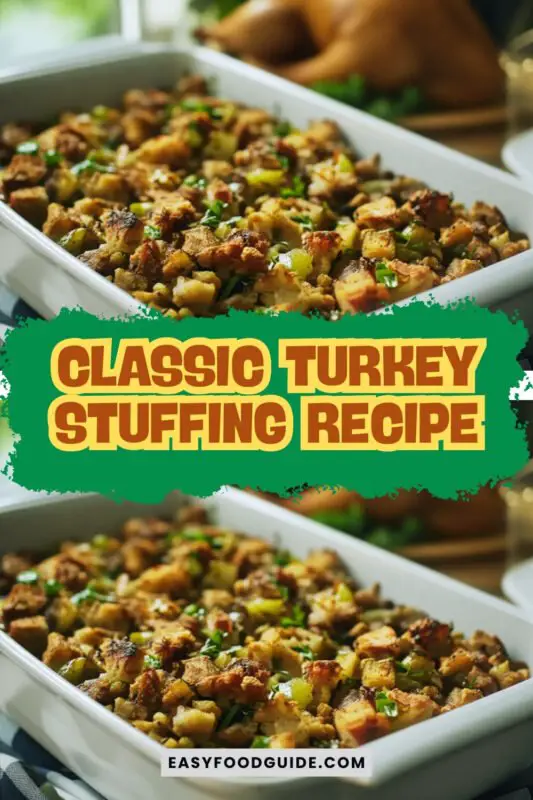 turkey-stuffing-3 A delicious dish of turkey stuffing with golden bread cubes and herbs, served in a rustic dish next to a roasted turkey.