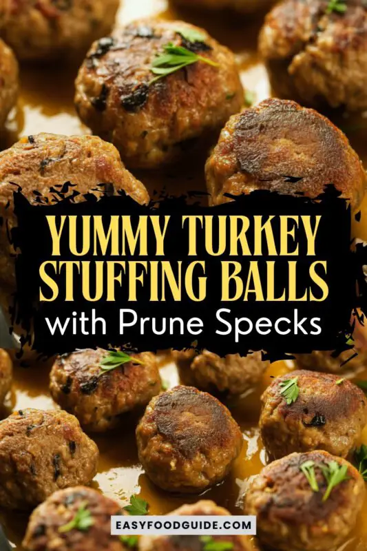 turkey-stuffing-balls-1 Golden-baked turkey stuffing balls with prunes, garnished with parsley, served with cranberry sauce on a rustic table.