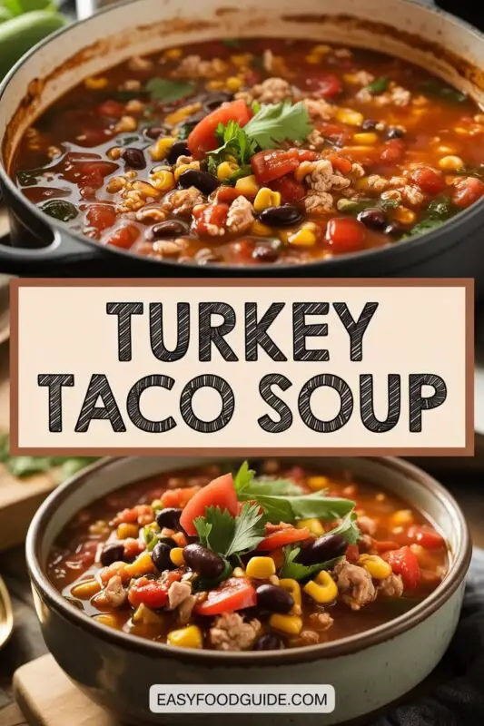 A bowl of Turkey Taco Soup with ground turkey, black beans, corn, and tomatoes, garnished with cilantro and lime.