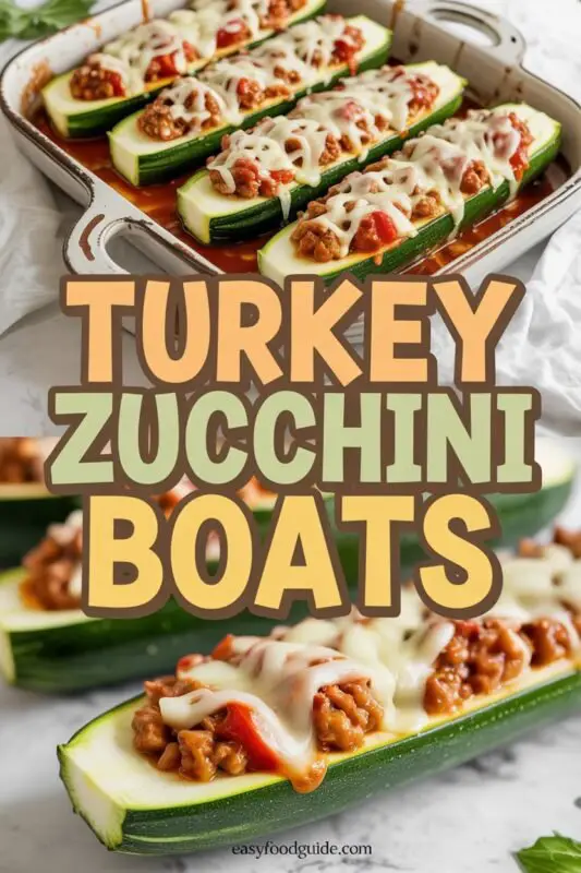 Turkey stuffed zucchini boats topped with melted cheese, garnished with herbs, on a rustic plate.
